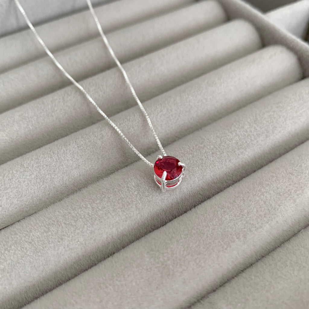 Colar Feminino Ponto de luz Caixa Alta Zircônia Rubi Prata 925