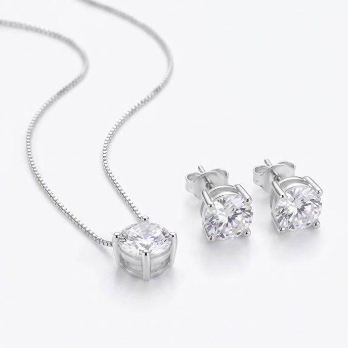 Conjunto Feminino Zircônia Redonda Caixa Alta Cristal Prata 925