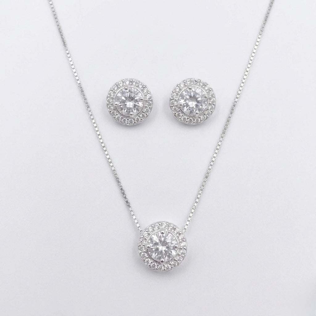 Conjunto Feminino Redondo Cravejado Zircônia Cristal Prata 925