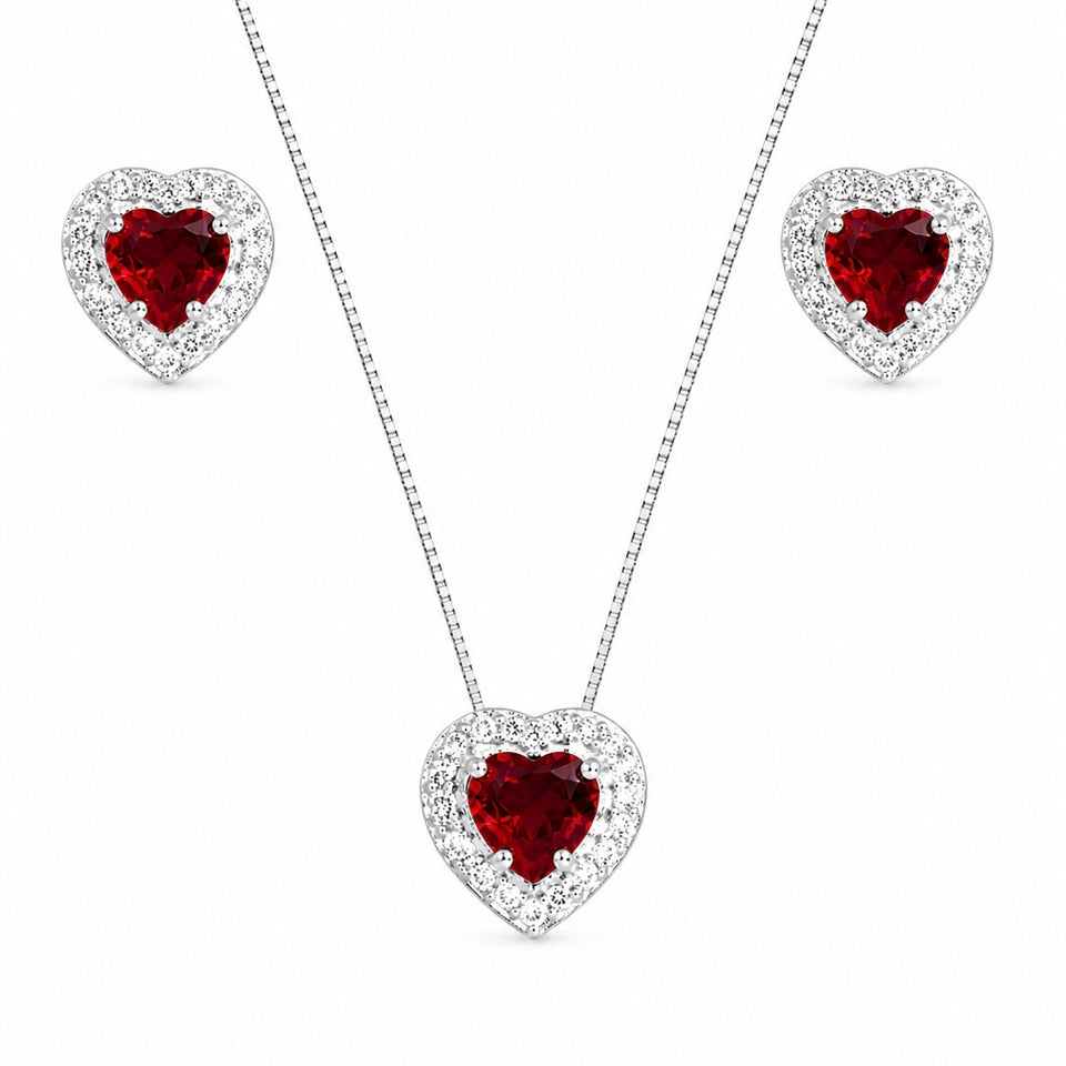 Conjunto Feminino Coração Cravejado Zircônia Rubi Prata 925