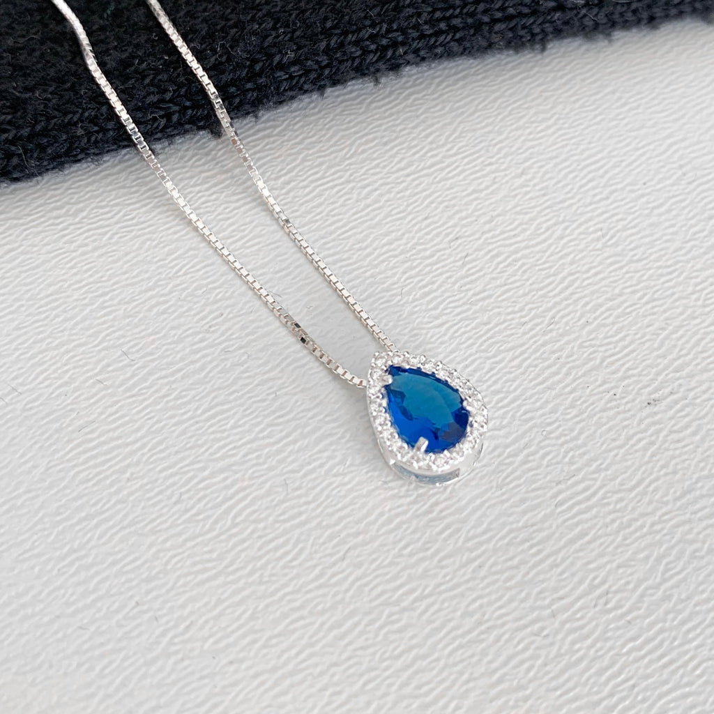 Colar Feminino Gota Cravejada Zircônia Azul Prata 925