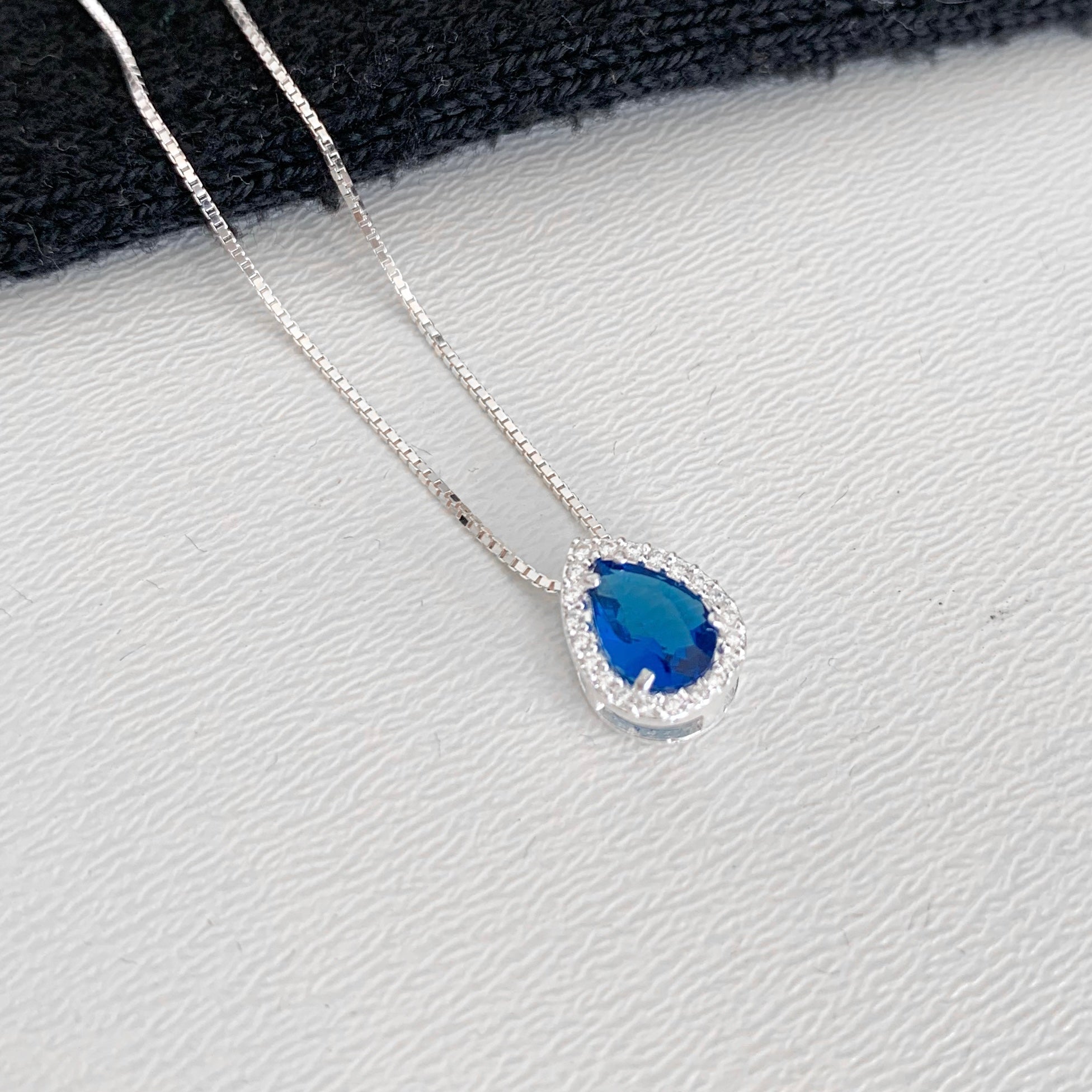 Colar Feminino Gota Cravejada Zircônia Azul Prata 925