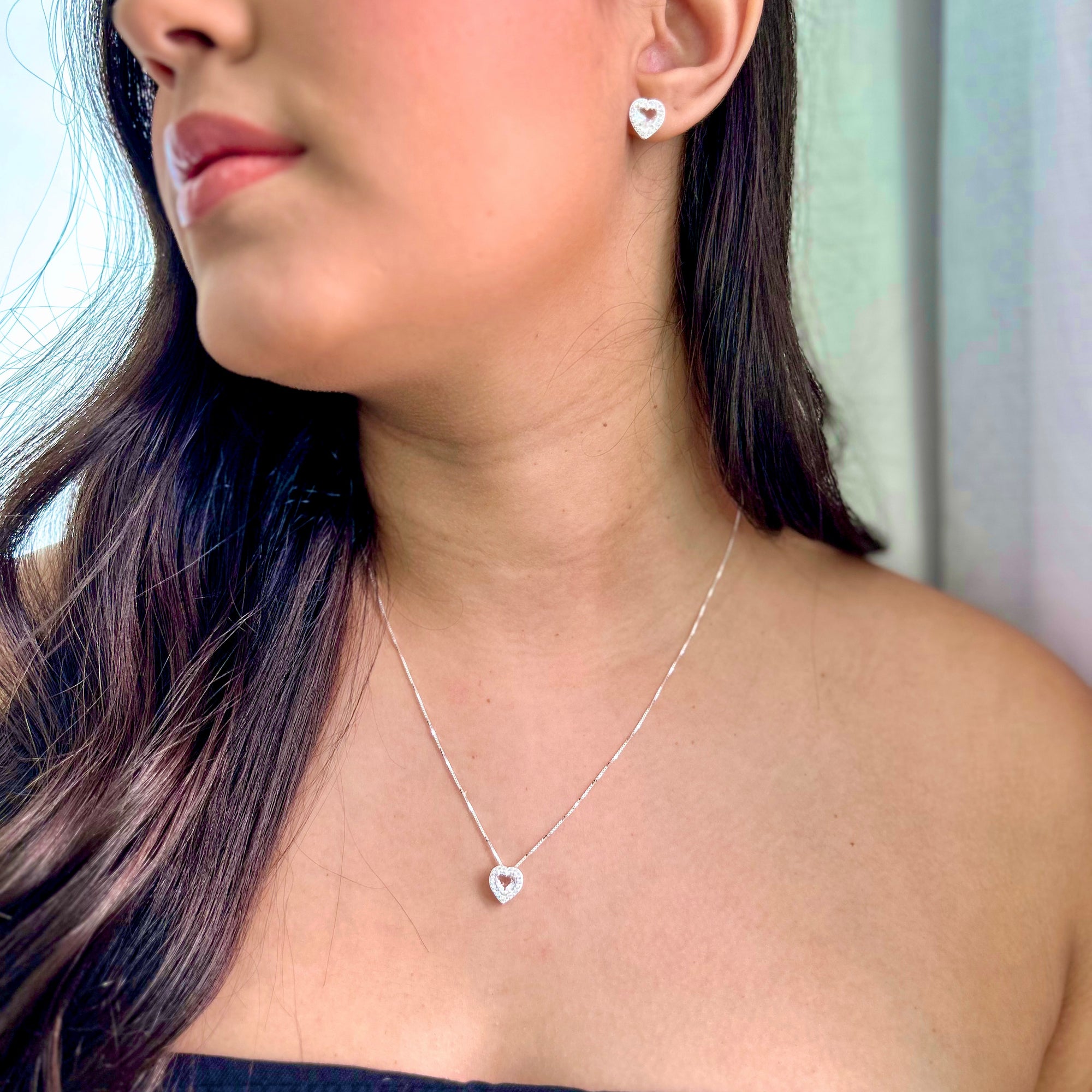 Conjunto Coração Cravejado Zircônia Cristal em Prata 925