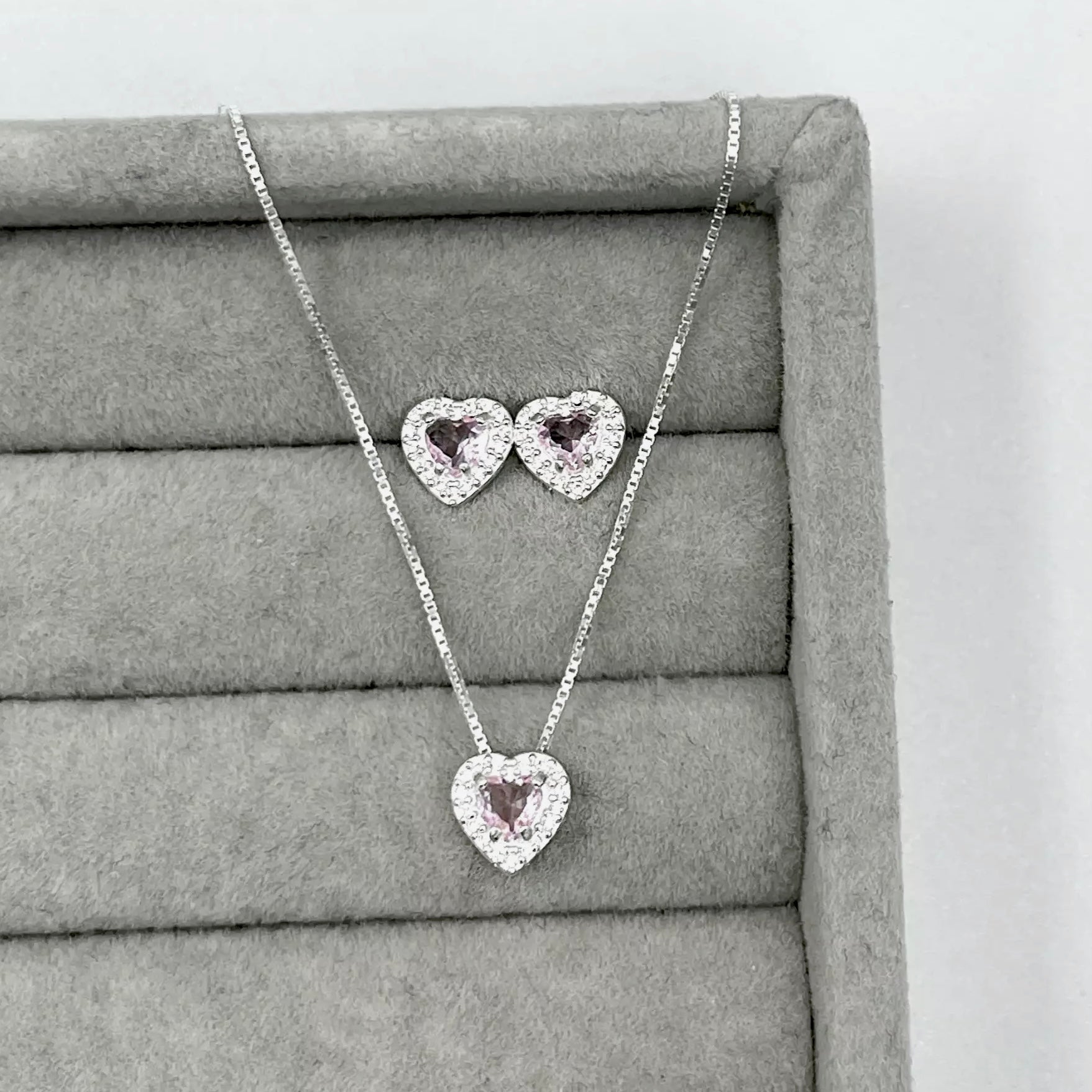 Conjunto Feminino Coração Cravejado Zircônia Rosê Prata 925