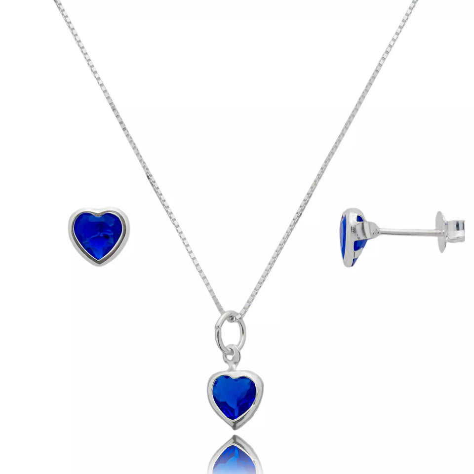 Conjunto Ponto de Luz Coração Zircônia Azul Prata 925